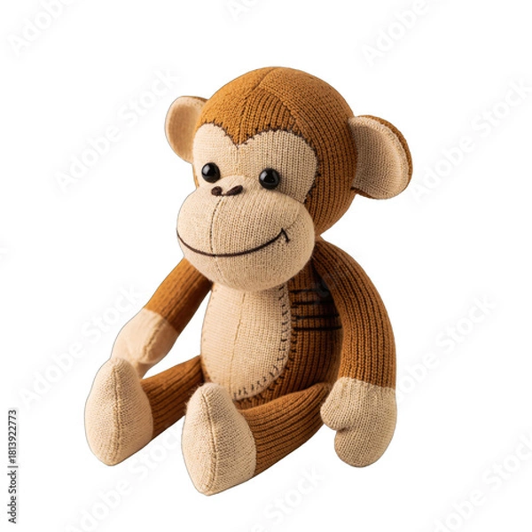 Obraz Cute Knitted Monkey Toy Sitting with a Friendly Smile on a Transparent Background Detailed Studio Photography