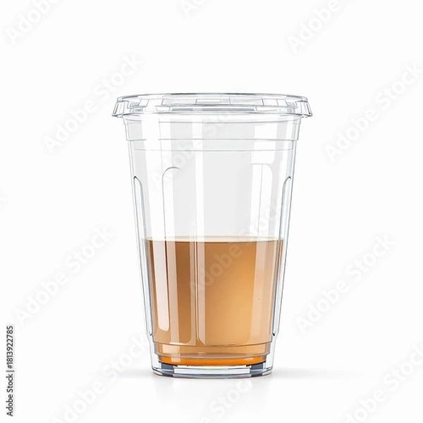 Obraz Clear plastic disposable cup with a lid, partially filled with an ambercolored beverage, isolated on white background