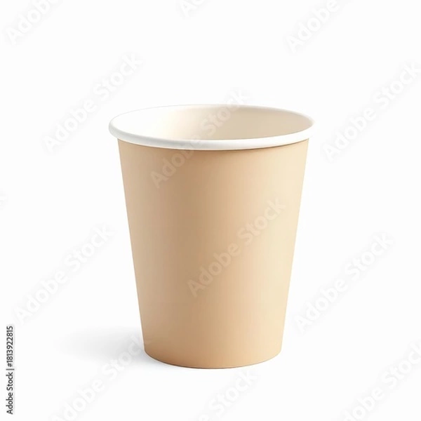 Obraz Plain light brown disposable paper cup with a white rim, isolated on white background for product presentation or design mockup