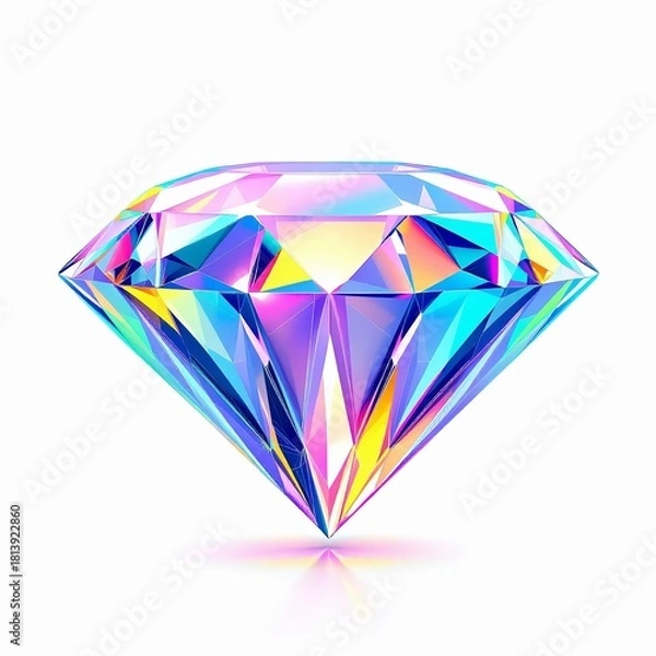 Obraz Brilliant cut diamond gemstone with vibrant multicolored light refraction isolated on white background
