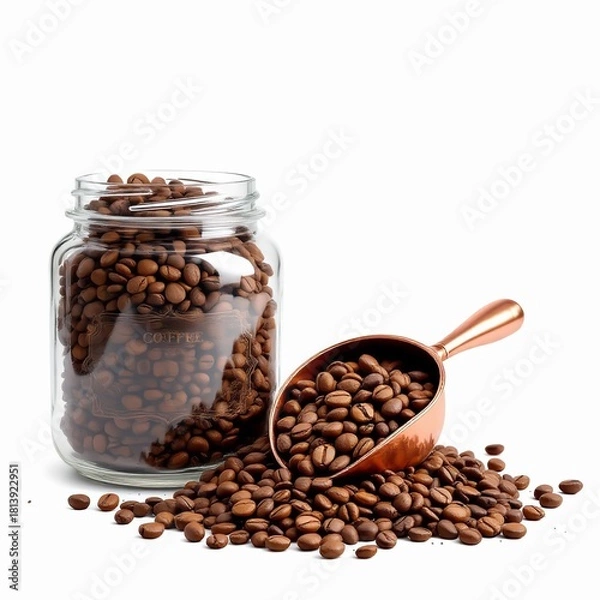 Obraz A clear glass jar filled with roasted coffee beans next to a copper scoop overflowing with beans, all isolated on white background