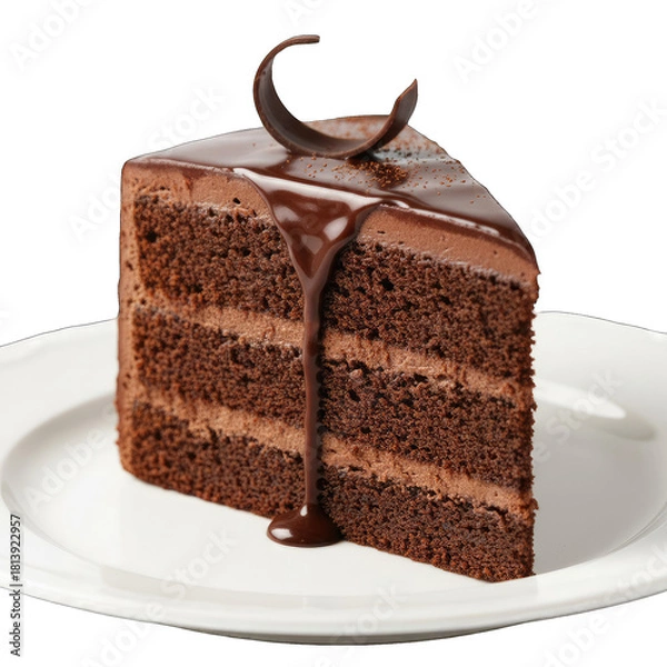 Obraz Decadent Slice of Chocolate Layer Cake Drizzled with Rich Ganache and Garnished with Chocolate Swirl on a White Plate Isolated on a Black Background with Subtle Reflections