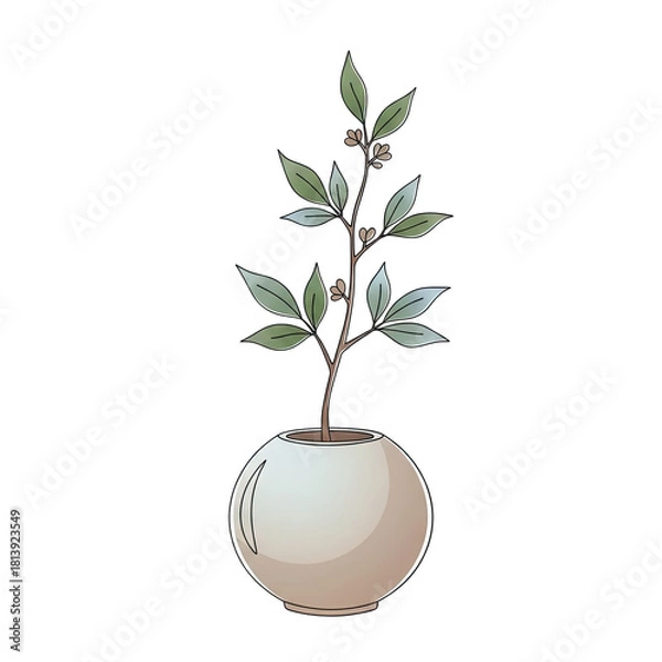 Obraz Delicate Green Branch With Leaves In A Round Light Brown Pot Isolated On A Transparent Background