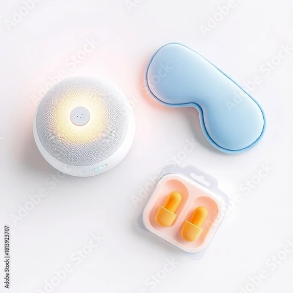 Obraz Overhead view of a white sound machine, a light blue contoured sleep mask, and a pair of yellow earplugs on a white background, isolated on white background