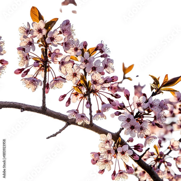 Obraz Delicate Pink Cherry Blossoms on a Branch Illuminated by Golden Sunlight Against a Stark Black Background Ideal for Springtime Floral Designs
