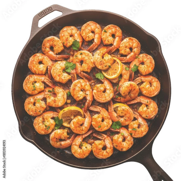 Fototapeta Delicious Platter of Perfectly Cooked Shrimp Seasoned with Spices and Lemon Slices Arranged in a Cast Iron Skillet Isolated on a White Background