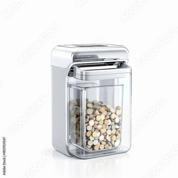 Obraz Modern white automatic pet food dispenser container with clear reservoir filled with dry kibble isolated on white background