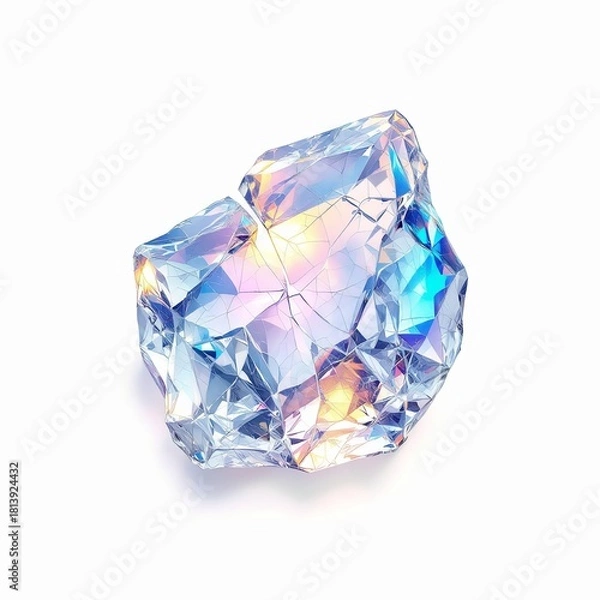 Obraz Brilliant rough cut diamond crystal with vibrant internal light refraction and prismatic color dispersion isolated on white background