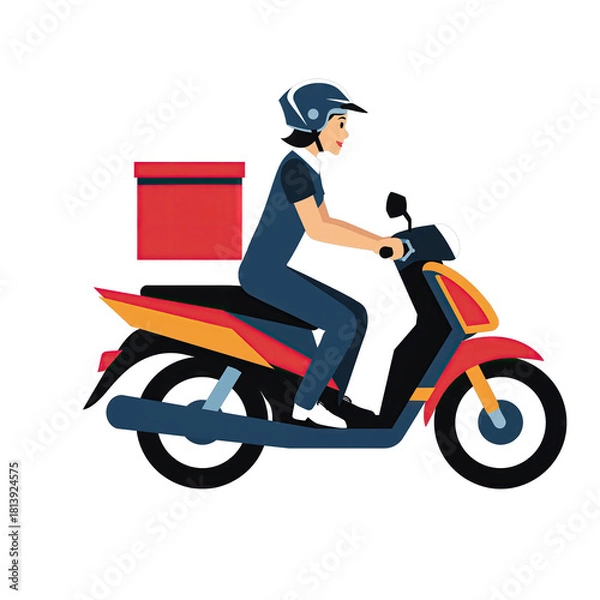 Obraz Delivery Person Rides Scooter with Red Insulated Box Wearing Blue Uniform and Helmet on Transparent Background