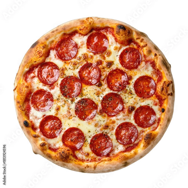 Obraz Delicious Whole Pepperoni Pizza With Golden Crust And Melted Mozzarella Cheese Isolated On Black Background