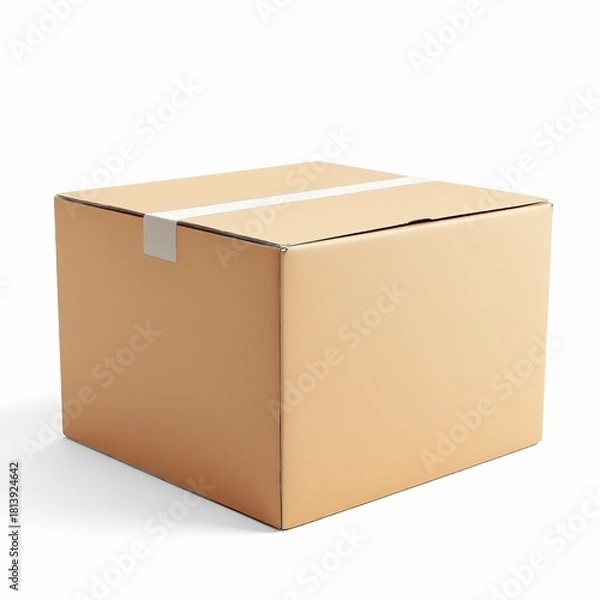Obraz A single, closed, brown cardboard shipping box sealed with white tape, isolated on white background