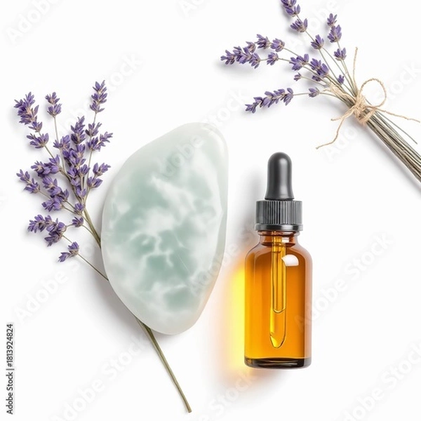 Obraz Aromatherapy essential oil dropper bottle next to a light green gua sha stone and sprigs of fresh lavender flowers isolated on white background