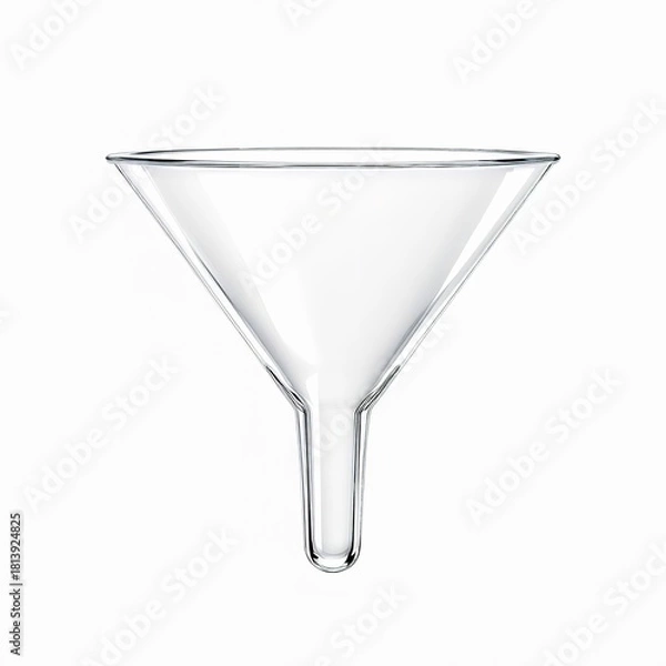Obraz Clear glass laboratory funnel with wide mouth and tapered stem, isolated on white background
