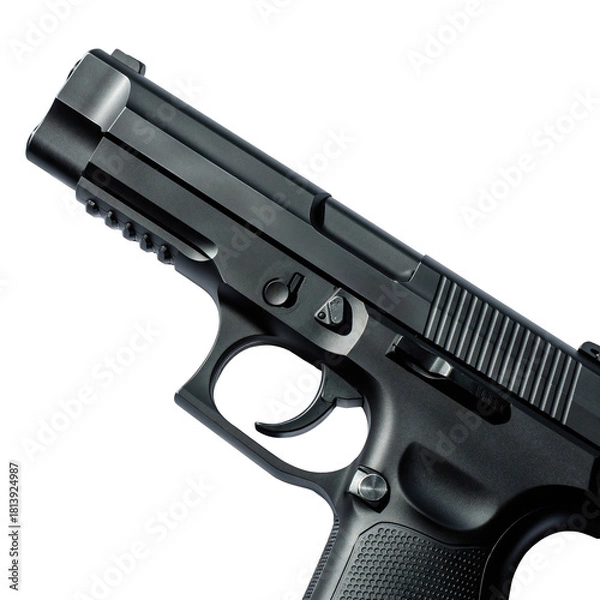 Obraz Detailed Close Up Of A Black Semi Automatic Pistol With Chrome Accents Against A Transparent Background Soft Studio Lighting