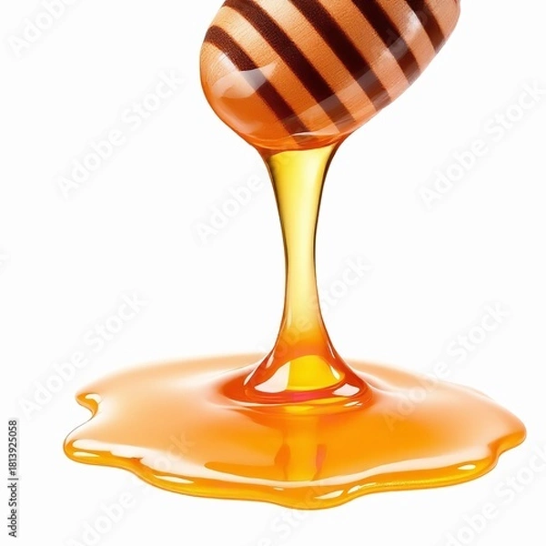 Obraz Closeup shot of golden honey being drizzled from a wooden dipper onto a white surface, creating a thick, viscous pool below, isolated on white background