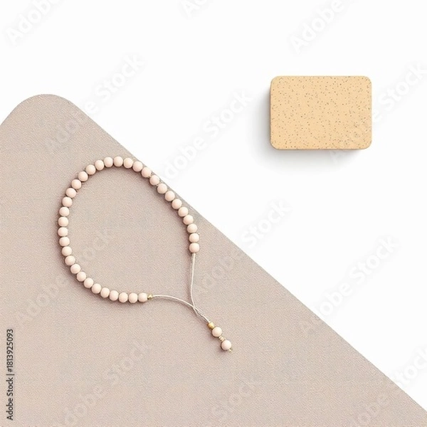 Obraz Overhead view of a delicate light pink beaded bracelet resting on a beige surface next to a small rectangular beige object, isolated on white background