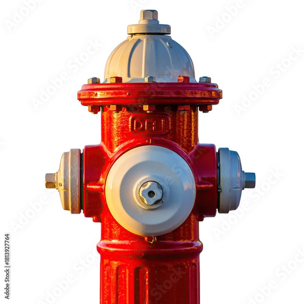 Obraz Detailed Fire Hydrant In Bright Red And White With Shiny Metal Accents Bathed In Warm Sunlight Against A Transparent Background