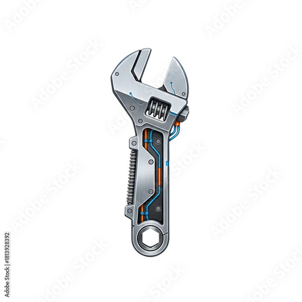 Obraz Detailed Metallic Wrench With Integrated Clockwork And Futuristic Circuits Isolated On Black Background Representing Mechanical Precision And Time Management Concepts