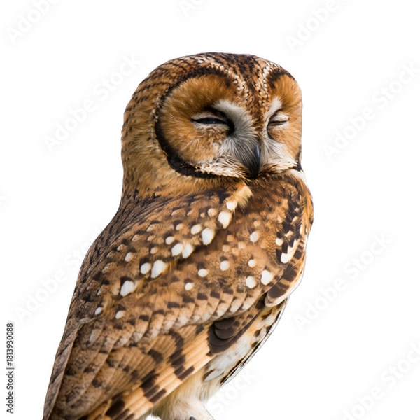 Obraz Detailed Portrait of a Tawny Owl with Eyes Closed and Speckled Plumage Against a Transparent Background