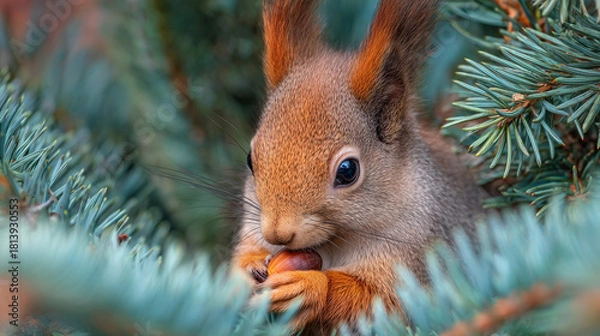 Fototapeta Ai squirrel enjoying a nut in a pine tree during a sunny afternoon in the woodland