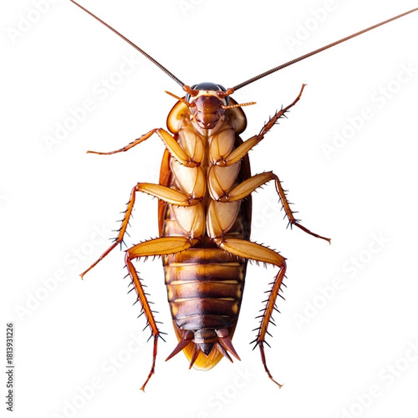 Obraz Detailed Upside Down View of a Cockroach on a Black Background Showing Thorax Abdomen Legs Antennae and Exoskeleton Texture Macro Photography Studio Lighting
