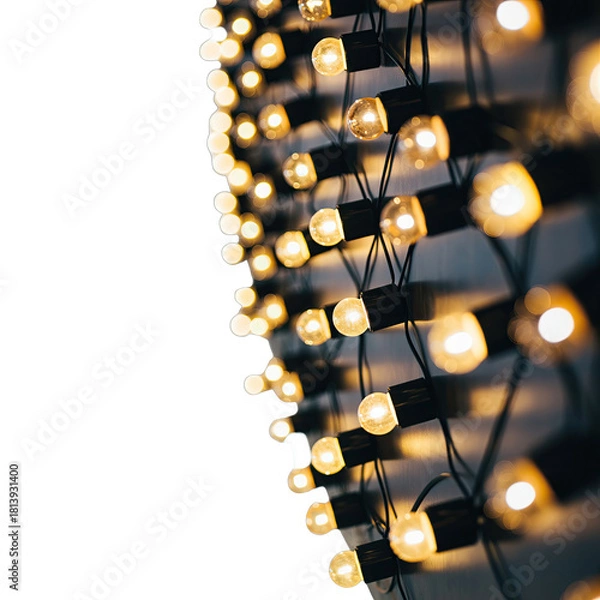 Obraz Diagonal String of Warm Yellow Incandescent Christmas Lights With Shadows on a Textured Wall With Black Background