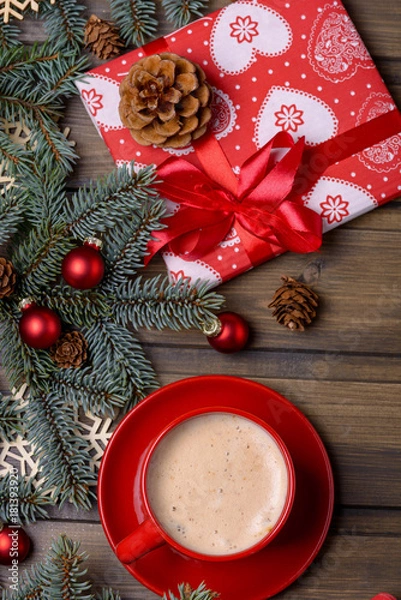 Obraz Coffee in red cup and red gift box