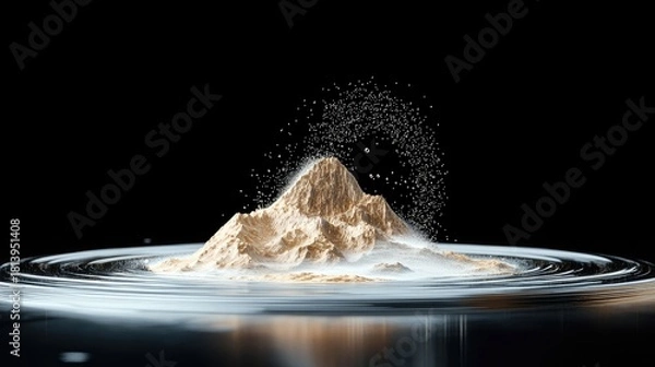 Fototapeta A miniature mountain made of light-colored powder erupts with fine particles, surrounded by swirling liquid and reflections against a dark background.