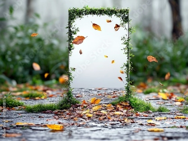 Fototapeta A mirror framed by greenery stands in a forest clearing, reflecting the sky, with autumn leaves scattered around.