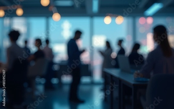Fototapeta Blurred silhouettes of office employees at work. Generative ai. High quality