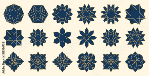 Fototapeta A set of blue Islamic geometric motifs with elegant gold outlines, inspired by traditional Arab design. Perfect for cultural projects, decor, and premium ornamental artwork.
