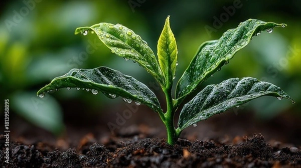 Obraz Green Plant Growth Seedling with Water Droplets on Leaves in Soil