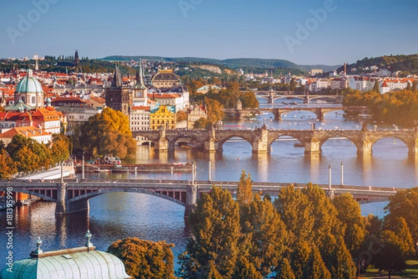 Fototapeta Prague, Czezh Republic. Scenic autumn aerial view of the Old Town with red foliage
