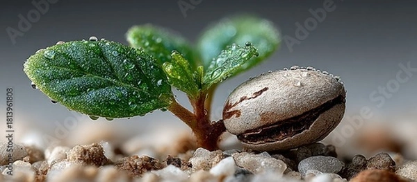 Fototapeta Macro photograph of a tiny green plant sapling germinating from a cracked seed in the ground, symbolizing a fresh start, hope, and new beginnings