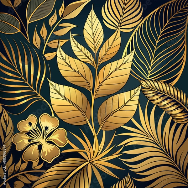 Obraz Golden tropical floral leaf pattern design