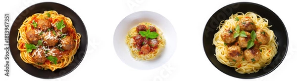 Obraz top view of meatball spaghetti dish isolated.