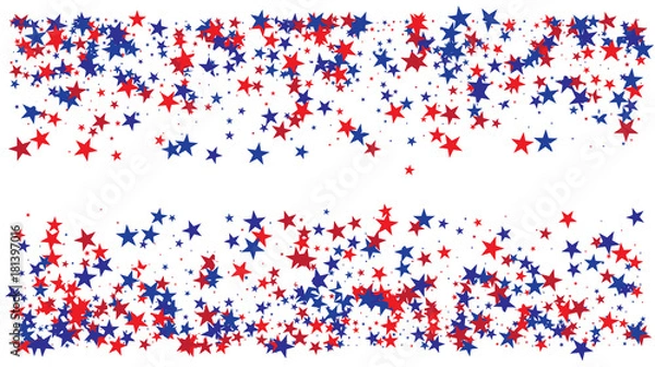 Fototapeta American national colors square vector background, festive pattern with flying, falling red, blue, white stars in colors of the United States' flag. Independence Day banner, bright star dust confetti