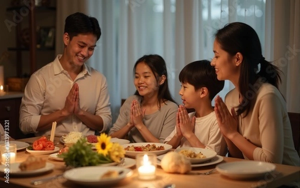 Fototapeta Asian big family closing eyes when saying grace praying before having dinner at home. High quality
