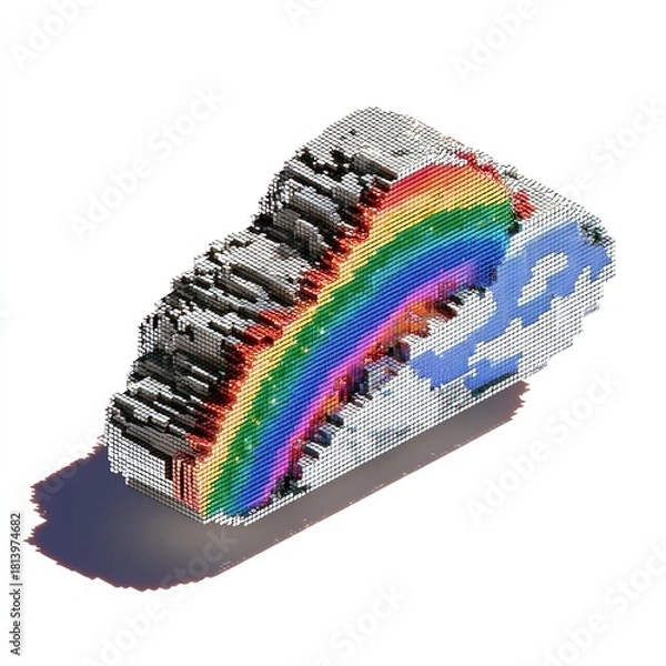 Fototapeta 3D Pixel Rainbow Arching Over Cloud with Earth Symbol in Digital Style