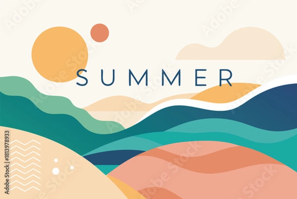 Fototapeta Modern abstract summer illustration with sun, rolling hills, and layered waves in warm and cool colors. Ideal for travel ads, tourism campaigns, lifestyle branding, vacation graphics, and web design.