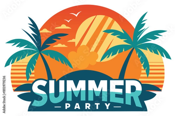 Fototapeta Vibrant retro summer party design with teal palm trees, a radiant orange sunset, and bold typography. Perfect for event promotions, travel ads, lifestyle branding, and outdoor celebration visuals.