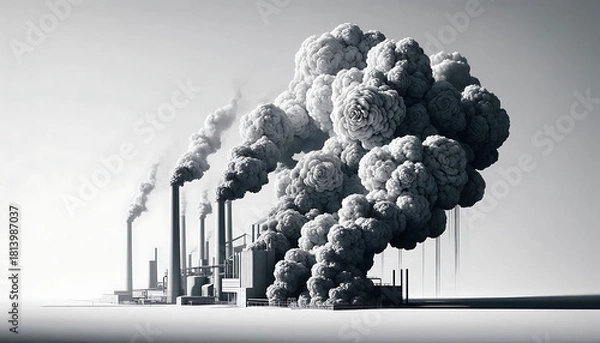 Obraz Large factory releasing smoke that transforms into delicate soot shaped flowers rising through the sky, industrial pollution concept