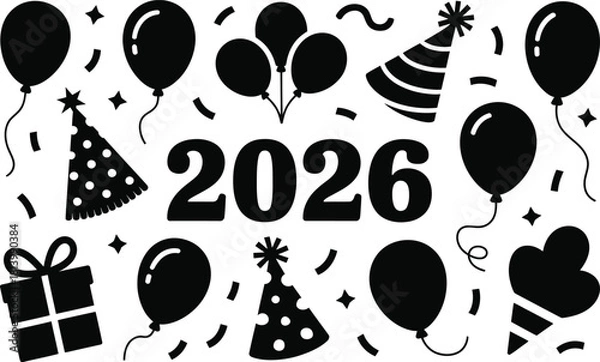 Fototapeta A celebratory graphic with balloons party hats and confetti for the year two thousand twenty six