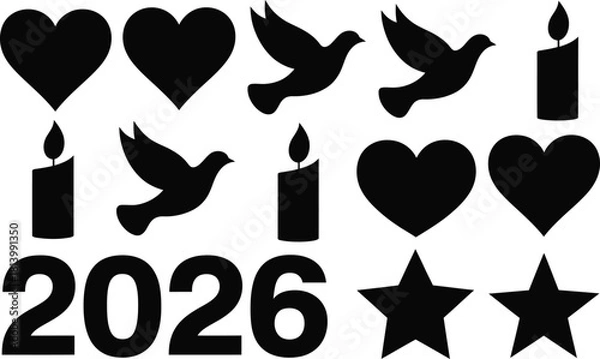 Fototapeta A simple black and white graphic featuring hearts doves candles stars and the year twenty twenty six