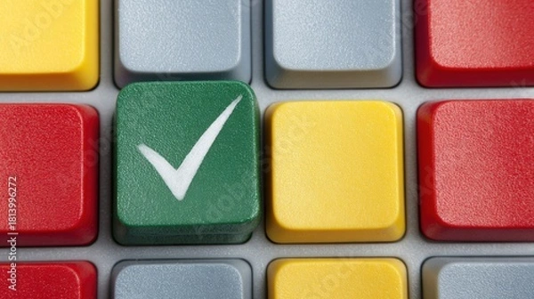 Fototapeta A close-up of a green checkmark key among colorful buttons, symbolizing approval and completion, Ideal for use in materials related to tasks, decisions, or success,