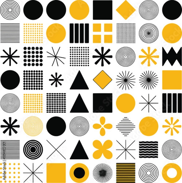 Fototapeta Abstract geometric pattern with circles squares triangles and star shapes in black and yellow colors