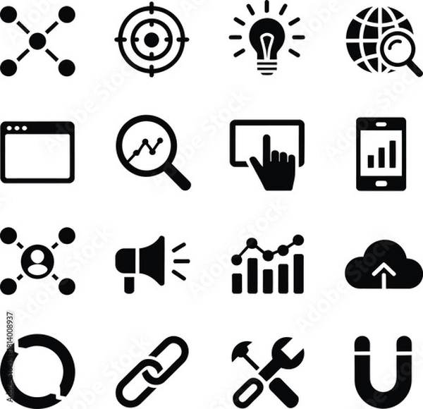 Fototapeta Collection of black and white seo and marketing icons arranged in a grid on a white background