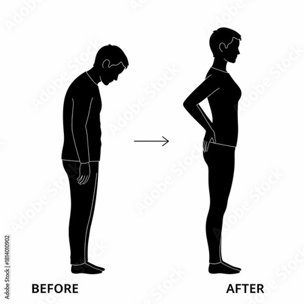 Obraz 猫背と正しい姿勢の比較イラスト 姿勢改善と身体の歪みのビフォーアフター 健康的な立ち方と悪い姿勢の図解