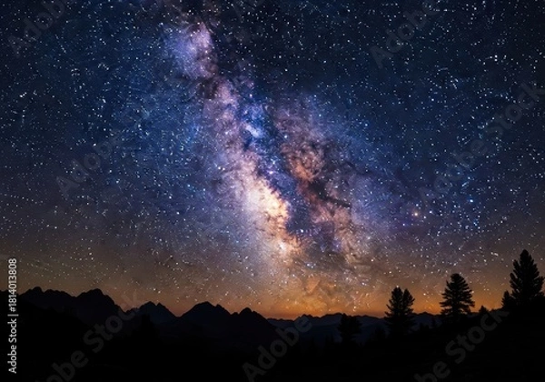 Fototapeta Milky Way Galaxy Over a Dark Landscape at Night