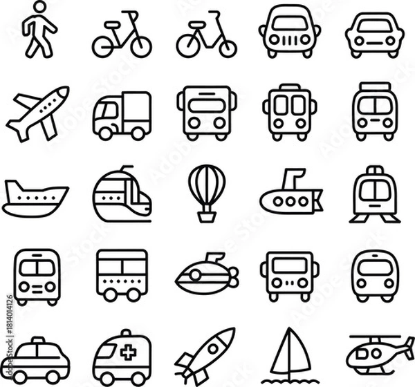 Fototapeta Transportation icon set with black and white line symbols of vehicles, travel modes, and mobility concepts